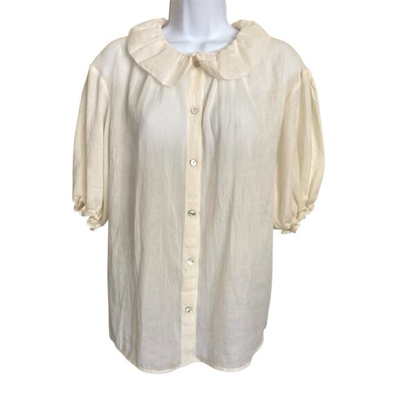 Loup Charmant Ivory Cotton Gauze Romantic Cottage Boho Puff Sleeve Blouse M/L - Picture 3 of 9